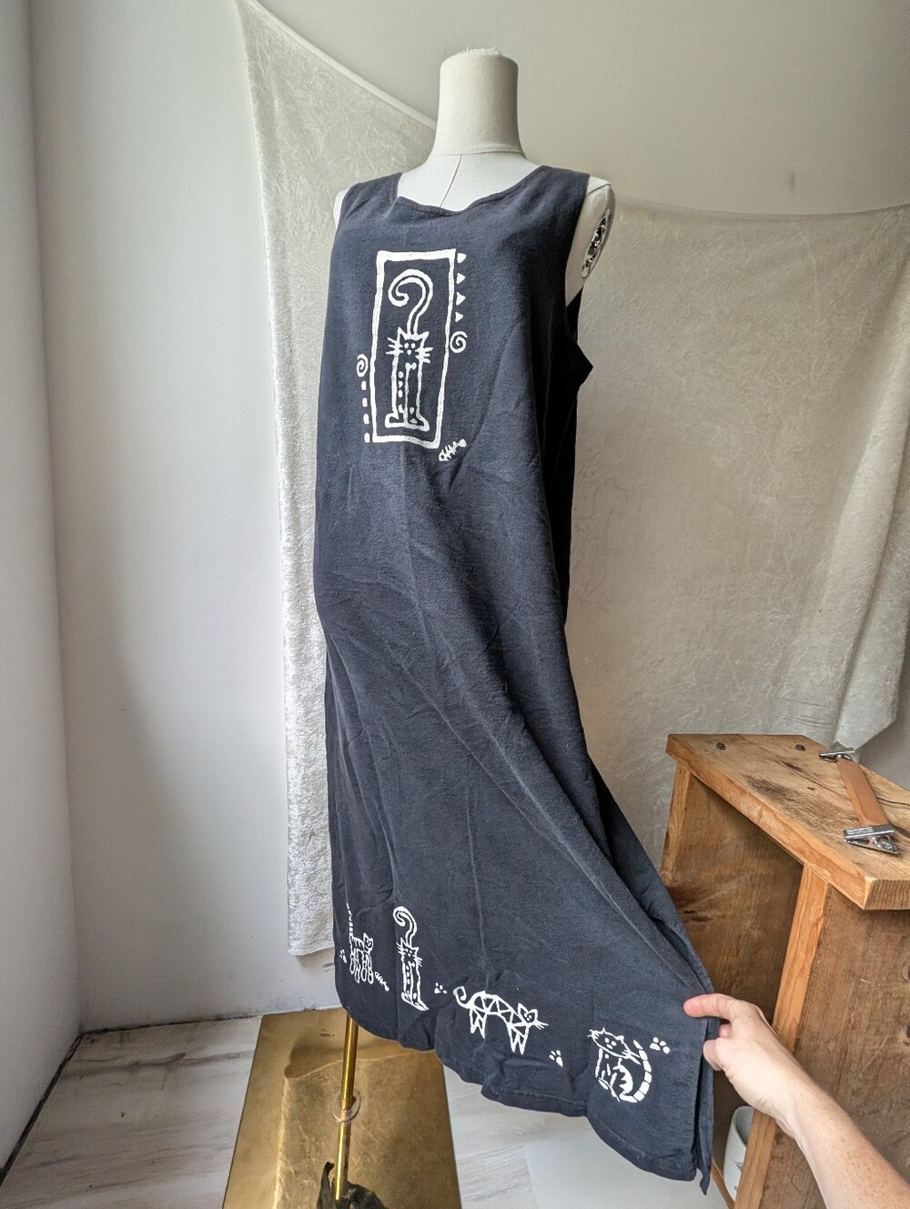 Cite Vtg Kitty Cat Artist Tank Maxi Dress One Size Or 2xl Loose Cotton Cartoon 8